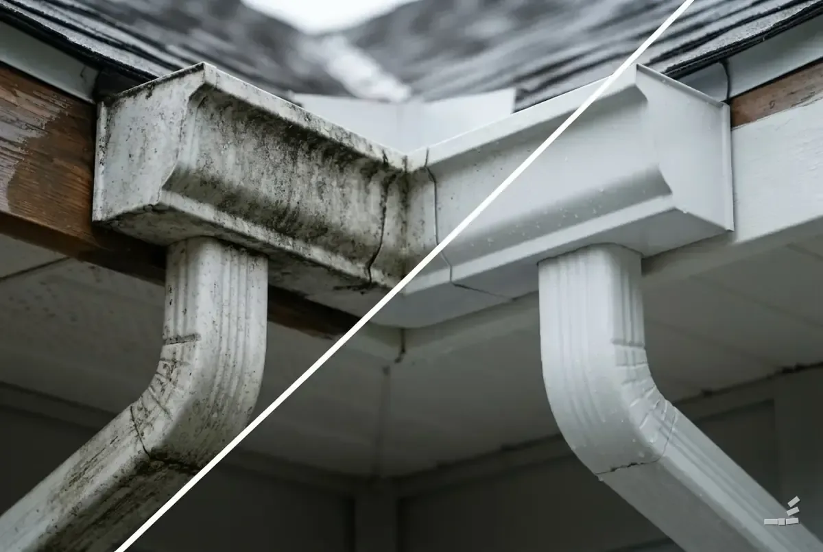 Photograph-style gutter and downpipe, algae-streaked along one side of the diagonal and washed white along the other