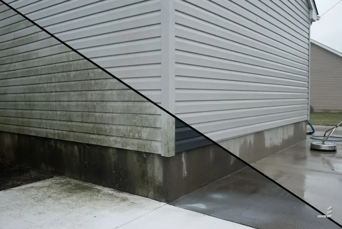 Photograph-style house corner in vinyl siding, algae-green on one side of the diagonal and bare clean on the other