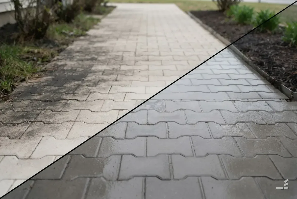 Photograph-style paver walkway, dry pale pavers on one side of the diagonal and wet darkened pavers on the other