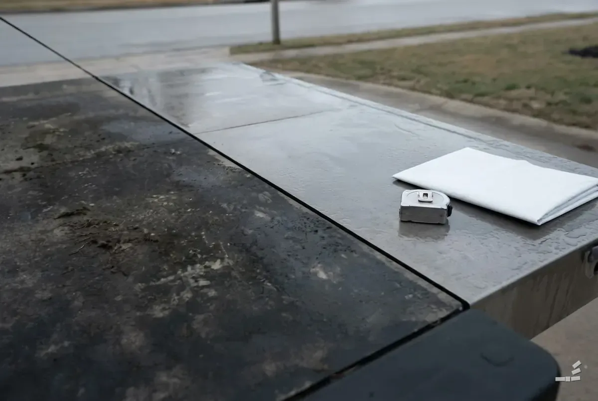 Photograph-style folded sheet and a small tape measure on the wiped-clean half of a steel trailer deck
