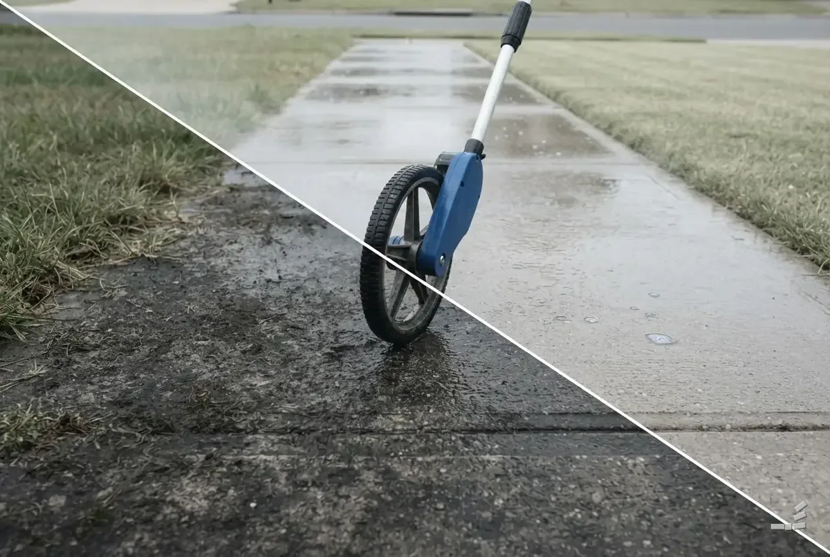 Photograph-style measuring wheel standing on a walkway, mossy concrete on one side of the diagonal and bare wet clean concrete on the other