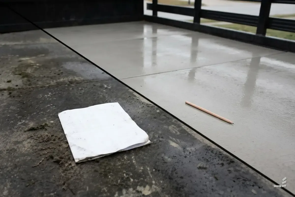 Photograph-style blank sheet of paper on the stained half of a concrete apron with a pencil lying on the clean half