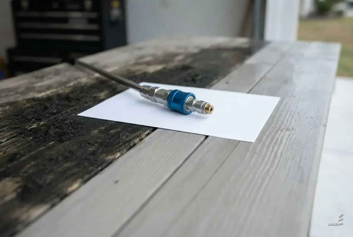 Photograph-style blank sheet weighted by a quick-connect coupler on deck boards, weathered on one side of the diagonal and washed on the other