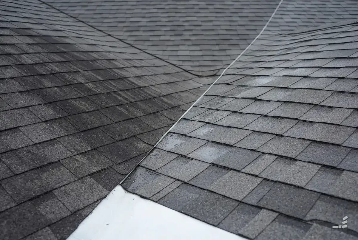 Photograph-style asphalt shingle roof valley, dark-streaked on one side of the diagonal and clean on the other