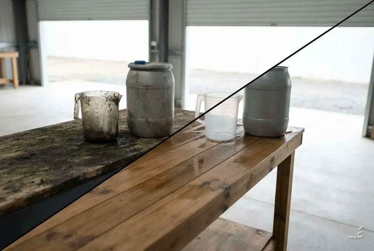 Photograph-style soiled mixing jug and drum on the weathered half of a timber bench, a clean jug and drum on the washed half