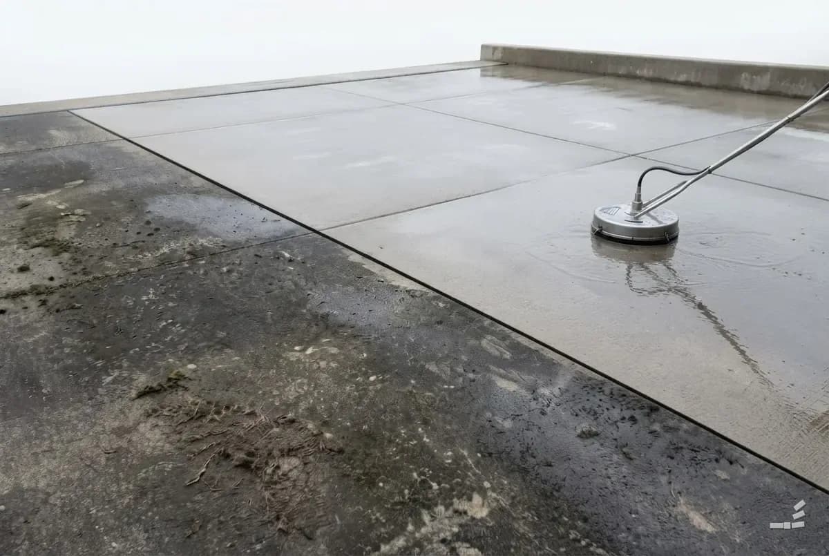 Photograph-style surface cleaner standing on a concrete apron, stained concrete on one side of the diagonal and clean on the other
